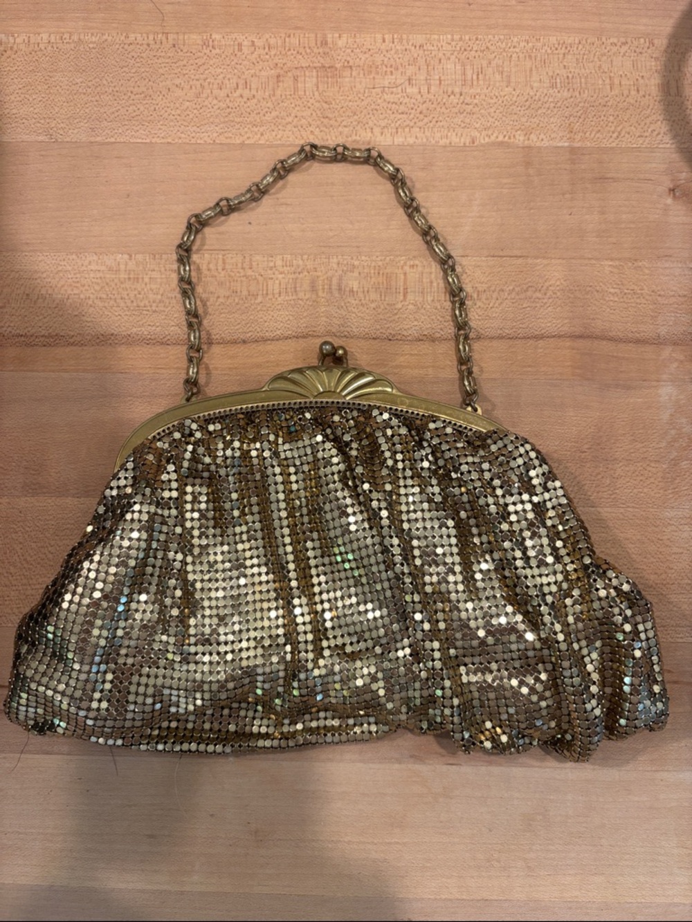 Whiting & Davis Gold Sequin Chain-Handle Evening Clutch